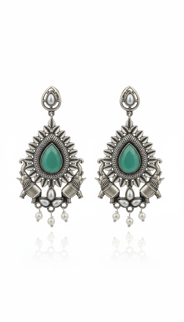 Pankhi Embellished Oxidised Jhumka Statement Earrings