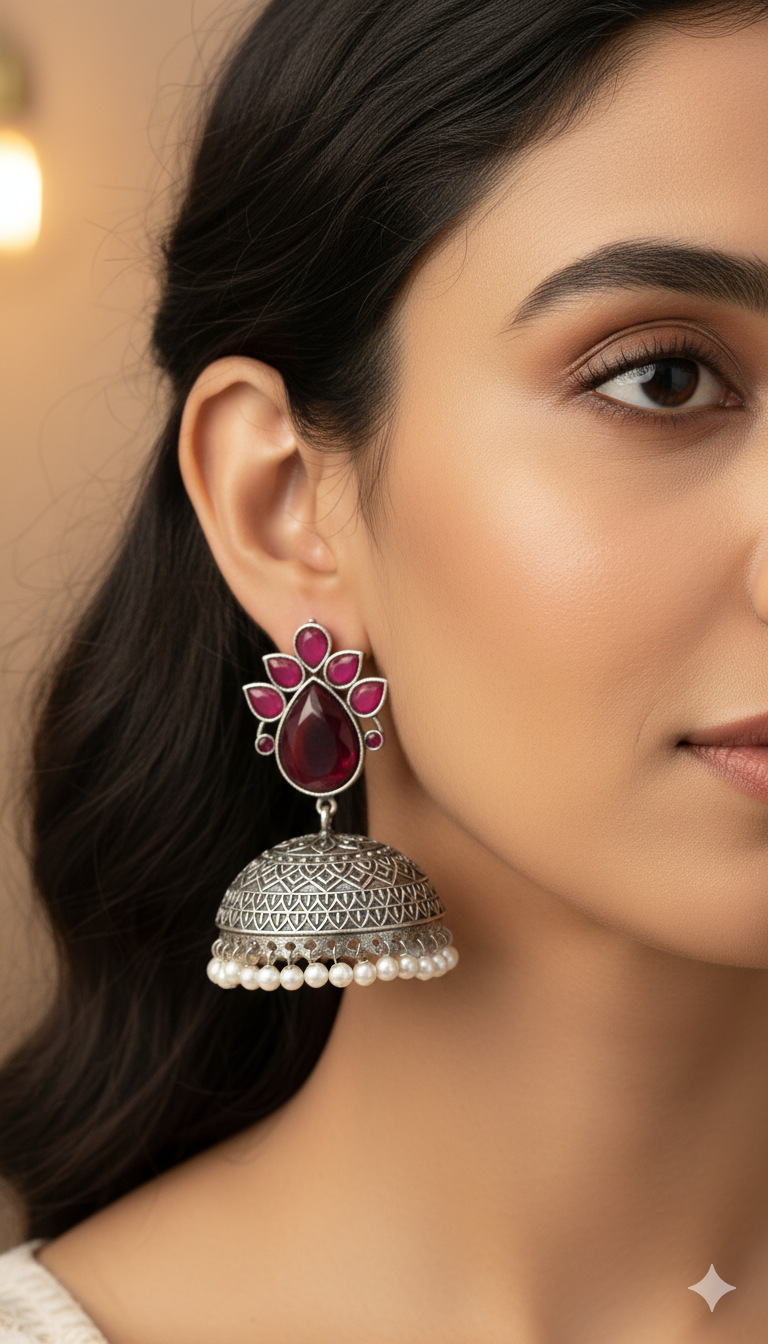 Adhitri Embellished Oxidised Jhumka Statement Earrings