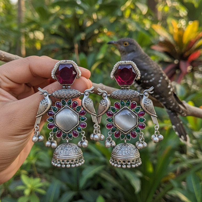 Kiara Embellished Oxidised Jhumka Statement Earrings