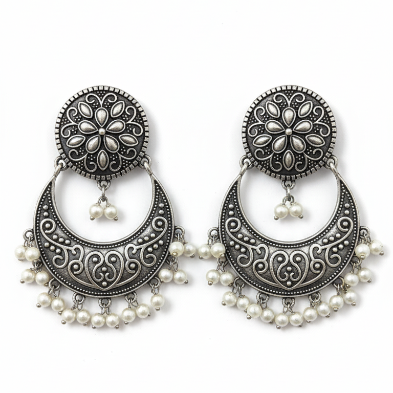 Jiya Embellished Oxidised Jhumka Statement Earrings