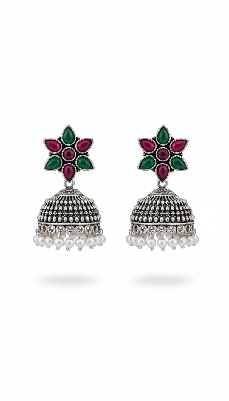 Sargam Embellished Oxidised Jhumka Statement Earrings