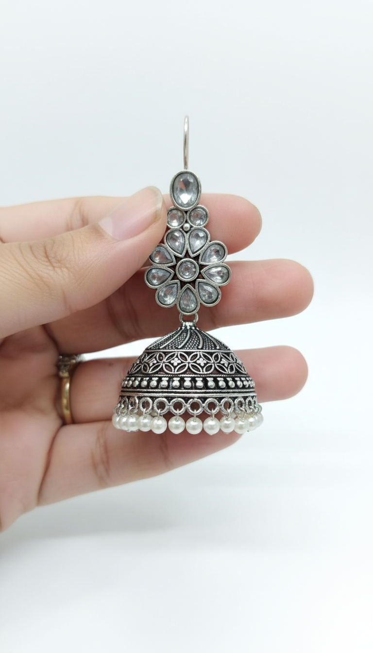 Juhi Embellished Oxidised Jhumka Statement Earrings