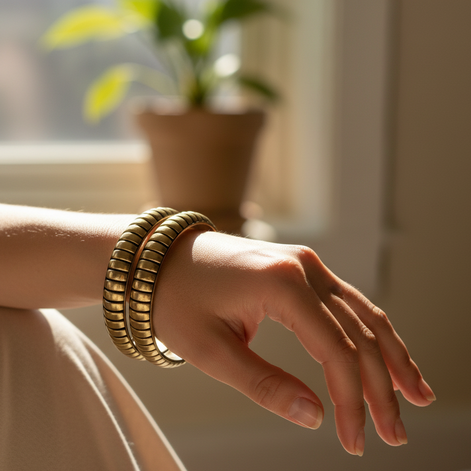 Textured Brass Ribbed Tej Handmade Wooden Bangles set of 2