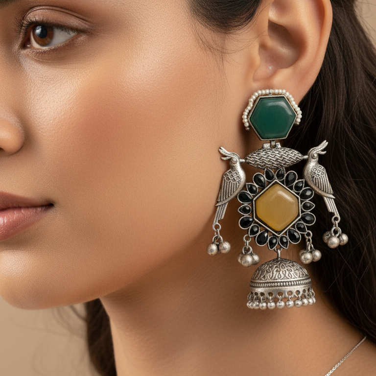 Kiara Embellished Oxidised Jhumka Statement Earrings