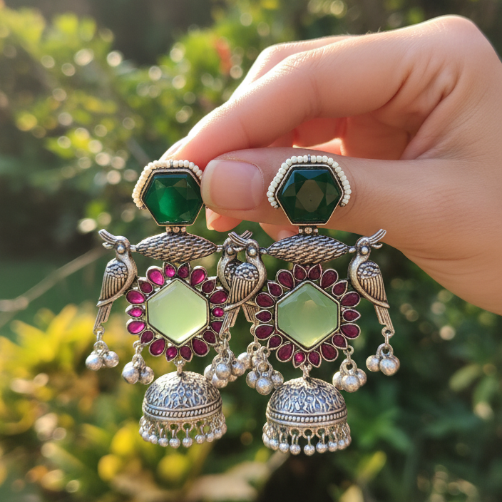 Kiara Embellished Oxidised Jhumka Statement Earrings