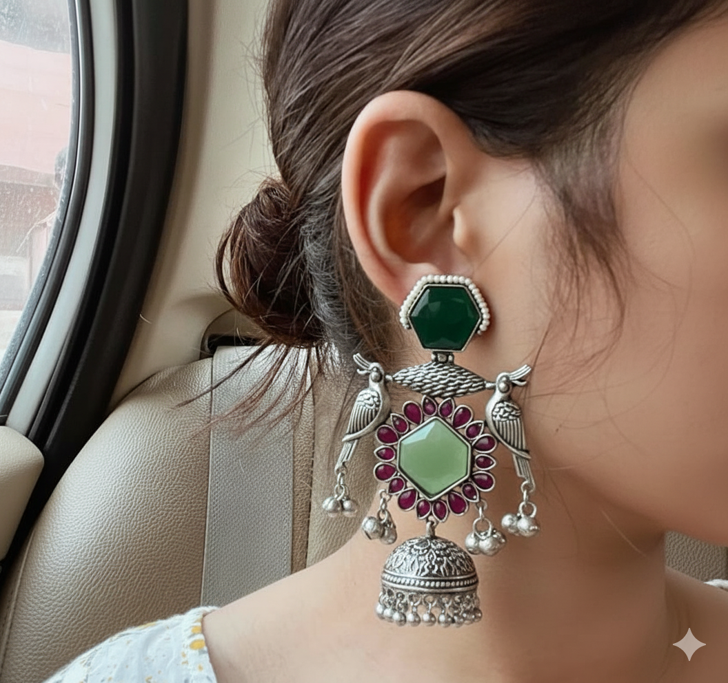 Kiara Embellished Oxidised Jhumka Statement Earrings