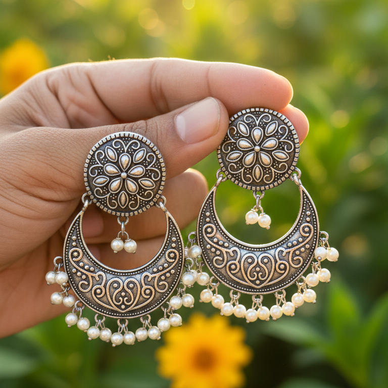 Jiya Embellished Oxidised Jhumka Statement Earrings