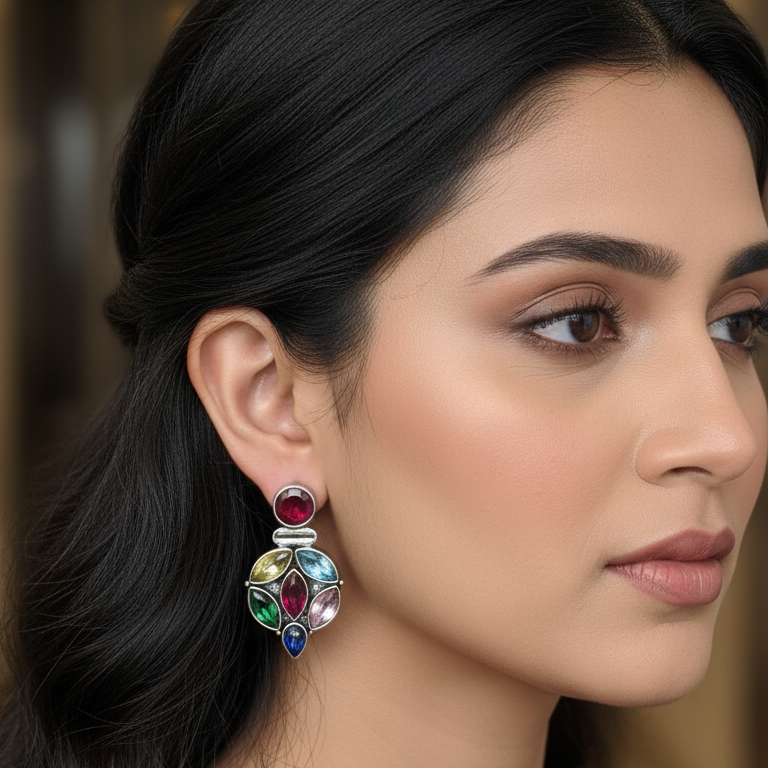 Nirmal Stone Embellished Oxidised Statement Earrings