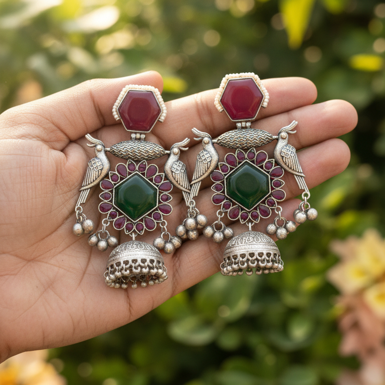 Kiara Embellished Oxidised Jhumka Statement Earrings
