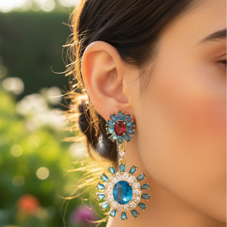Royal Blue Floral Statement Earrings