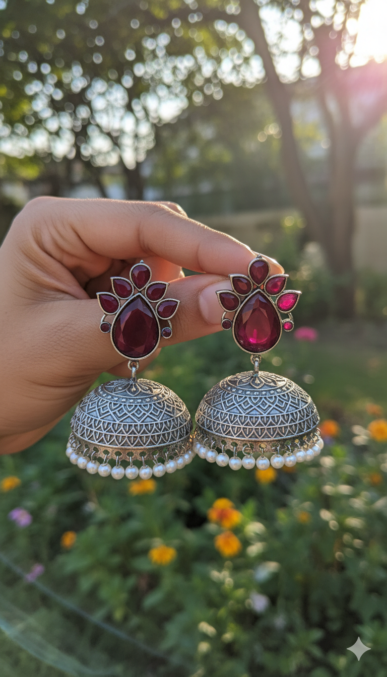 Adhitri Embellished Oxidised Jhumka Statement Earrings