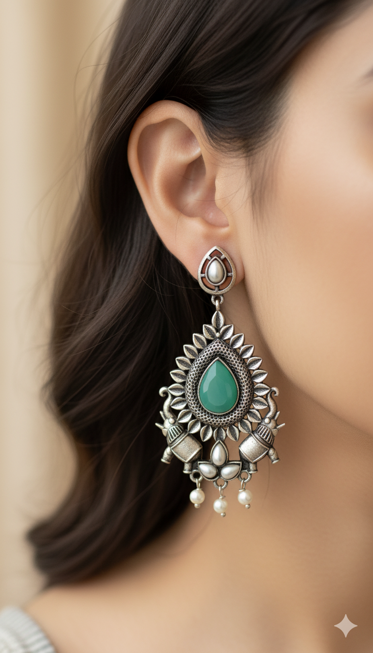 Pankhi Embellished Oxidised Jhumka Statement Earrings