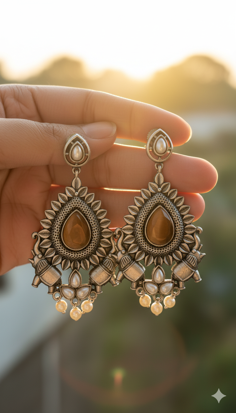Pankhi Embellished Oxidised Jhumka Statement Earrings