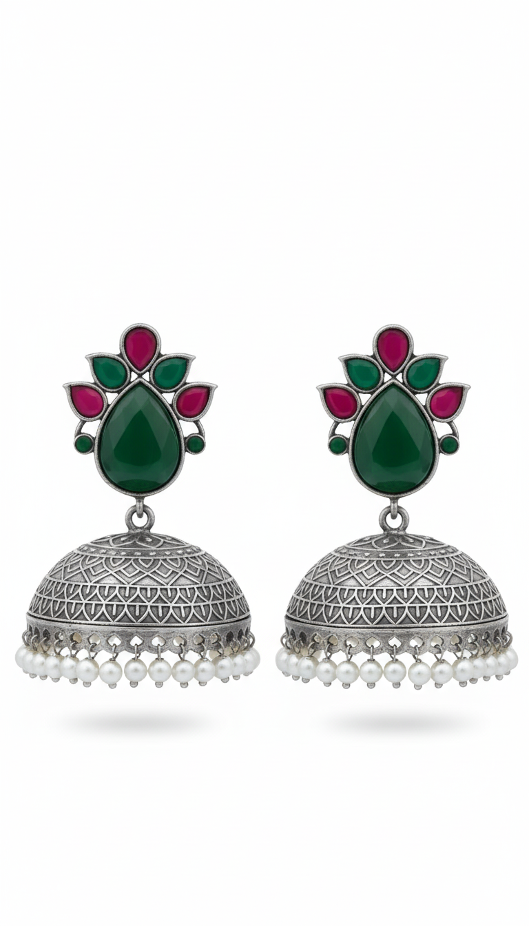 Adhitri Embellished Oxidised Jhumka Statement Earrings