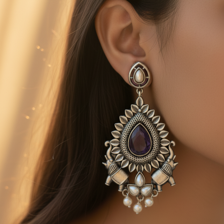 Pankhi Embellished Oxidised Jhumka Statement Earrings