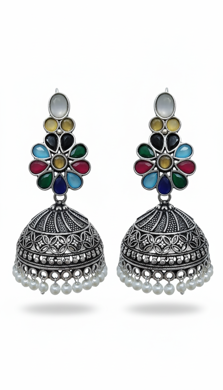 Juhi Embellished Oxidised Jhumka Statement Earrings
