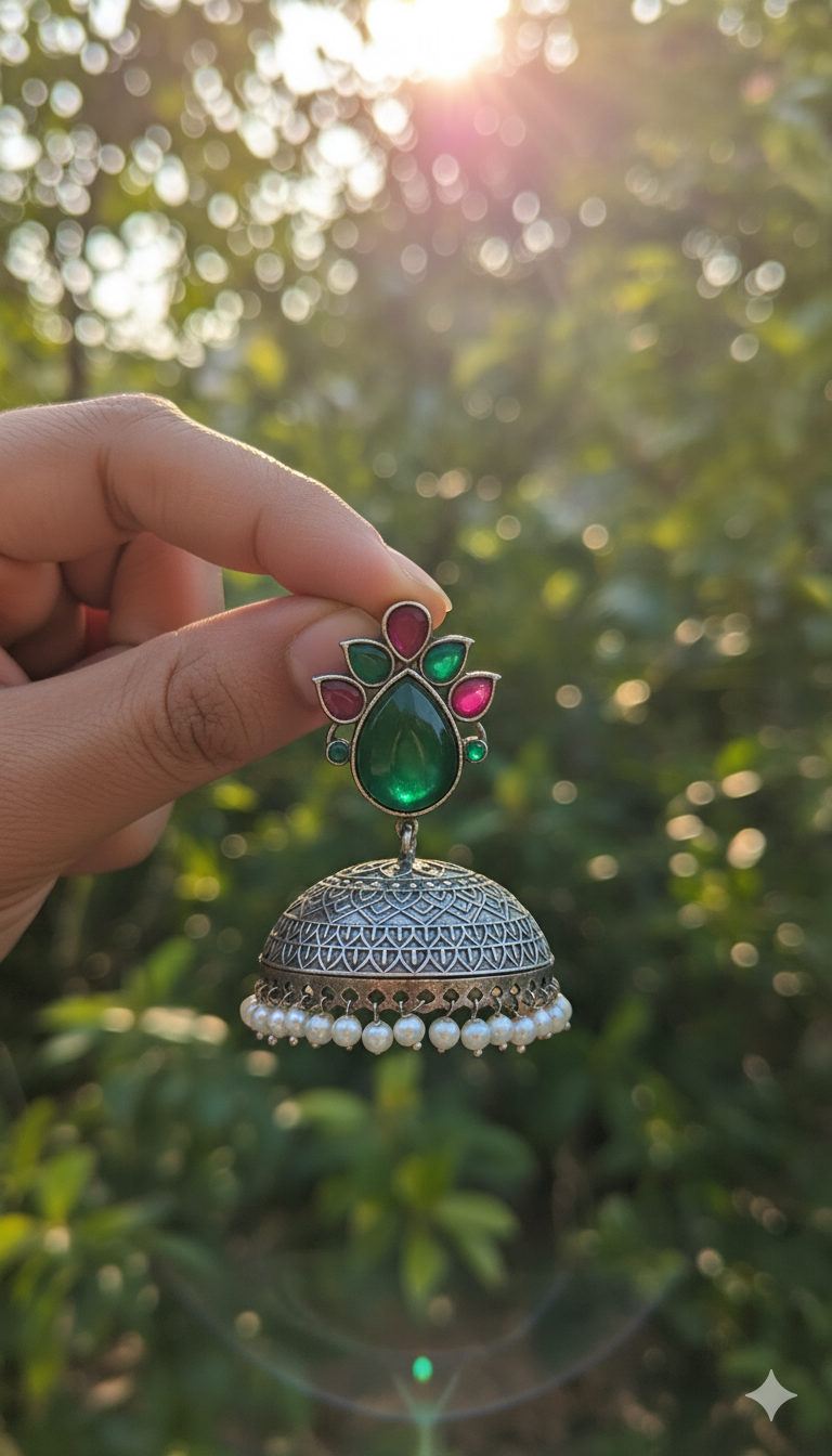 Adhitri Embellished Oxidised Jhumka Statement Earrings