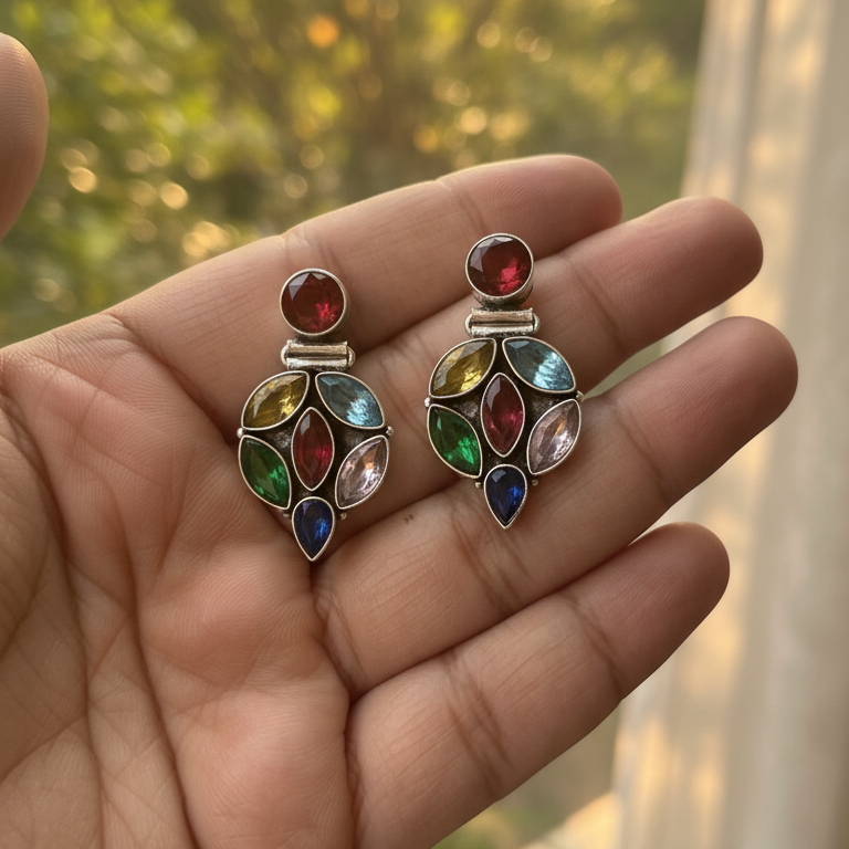 Nirmal Stone Embellished Oxidised Statement Earrings
