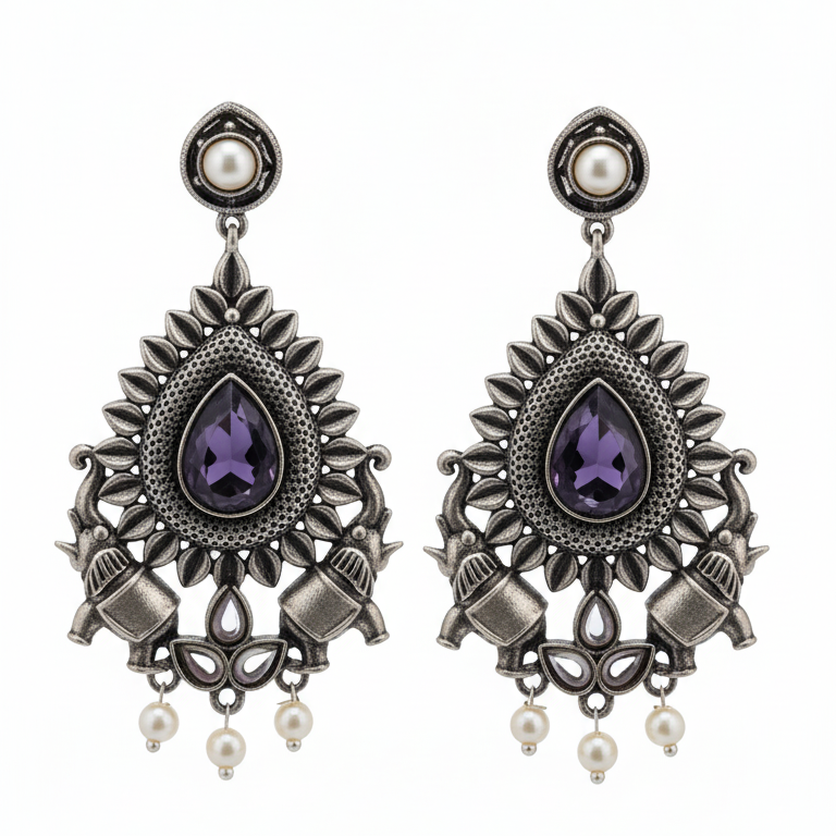 Pankhi Embellished Oxidised Jhumka Statement Earrings