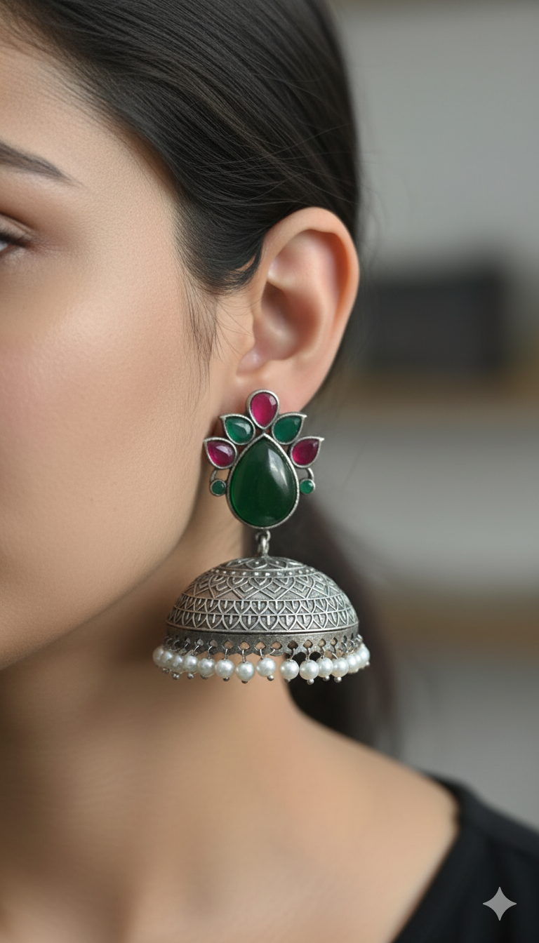 Adhitri Embellished Oxidised Jhumka Statement Earrings