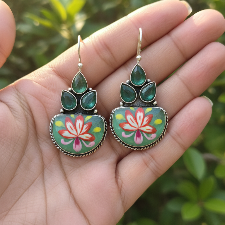 Sanjeeda Handpainted Embellished Oxidised Jhumka Statement Earrings