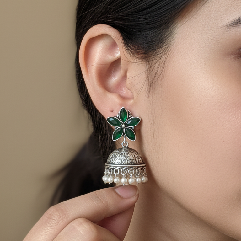 Kanak Embellished Oxidised Jhumka Statement Earrings