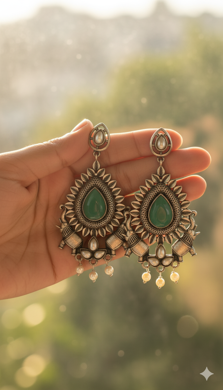 Pankhi Embellished Oxidised Jhumka Statement Earrings