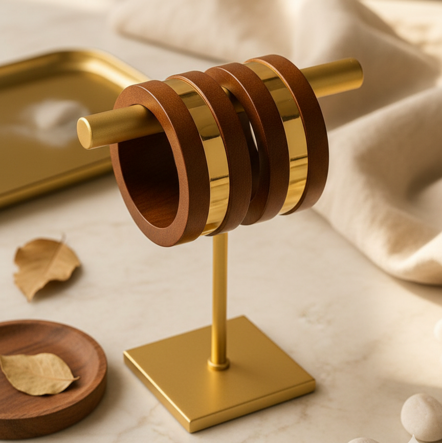 Glossy Gold Strip Cuff Wooden Bangle