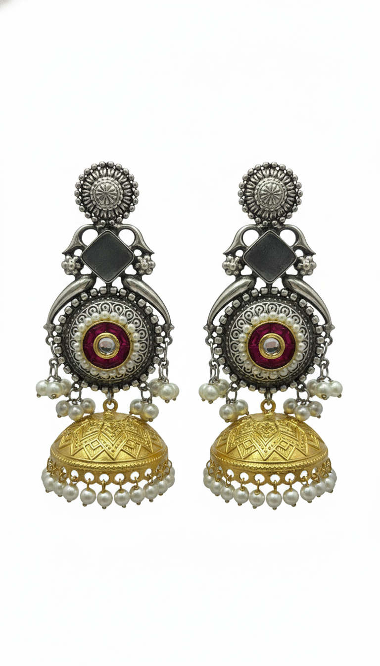 Ruhani Embellished Oxidised Jhumka Statement Earrings