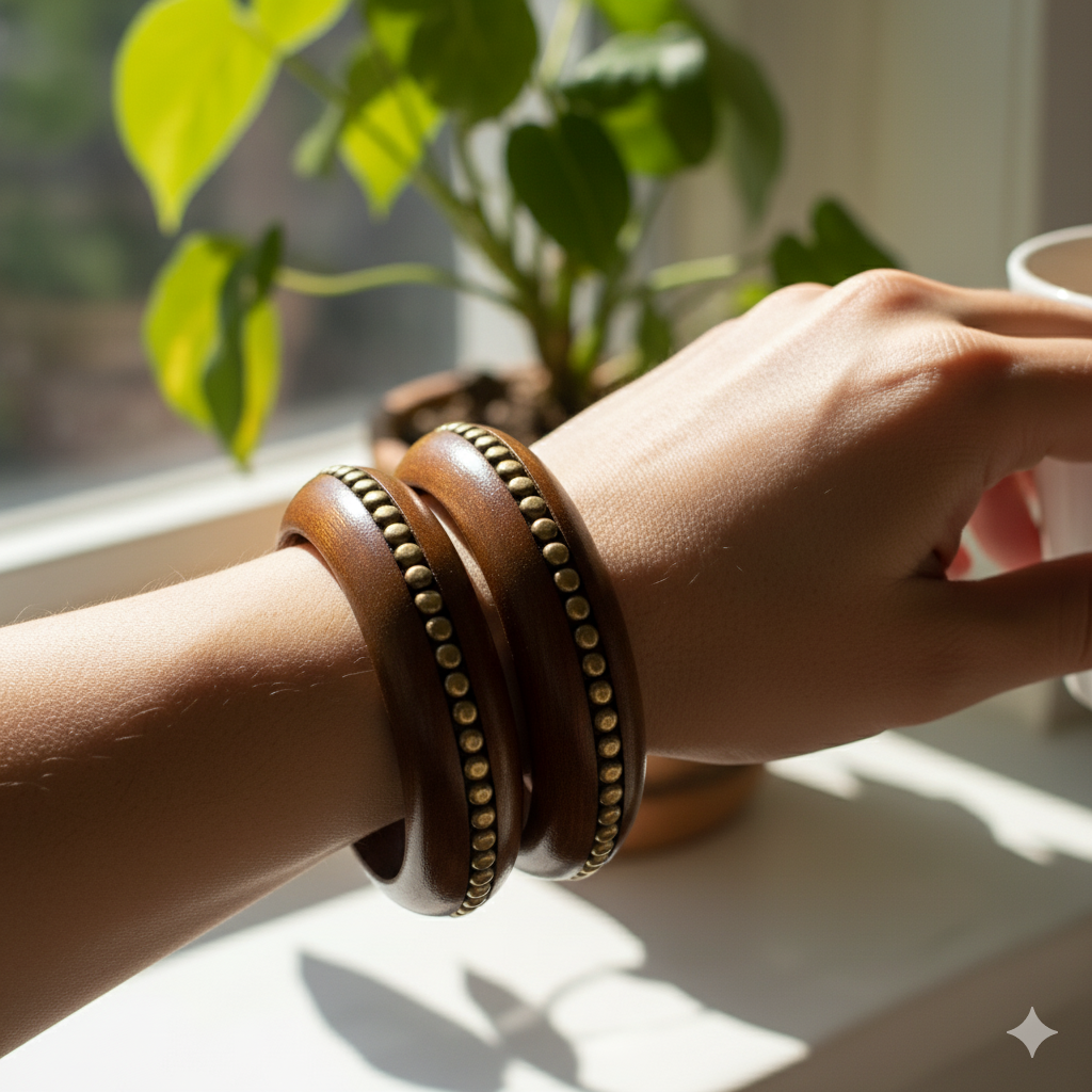 Centred Brass Stud Dhruv Handmade Wooden Bangle