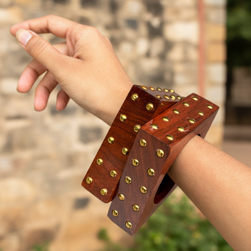 Brass Studded Broad Square Handmade Wooden Bangle