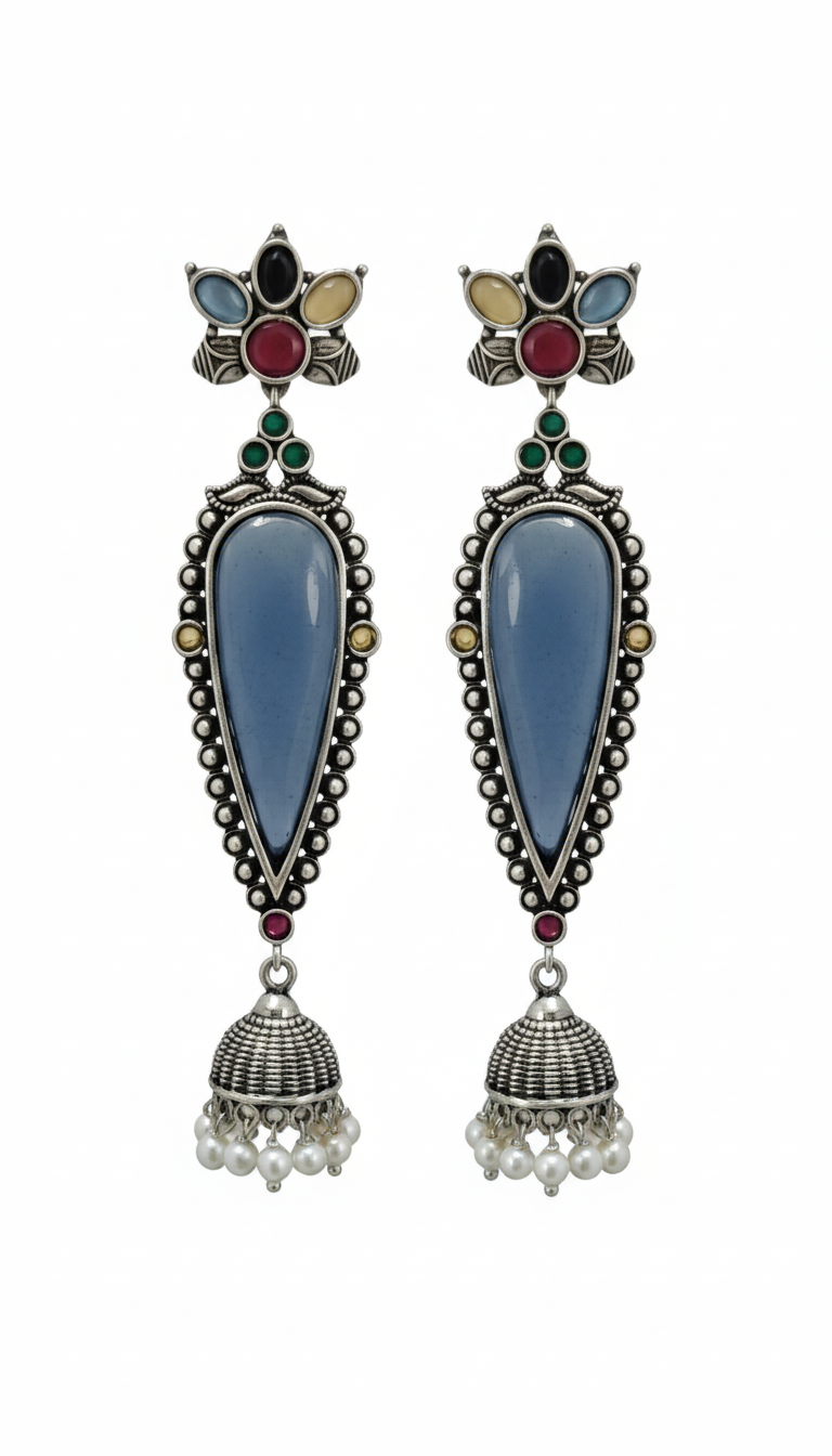 Adhira Embellished Oxidised Jhumka Statement Earrings