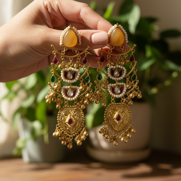 Padmini Embellished Oxidised Jhumka Statement Earrings