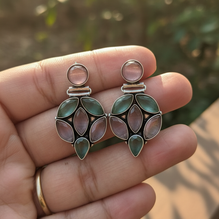 Nirmal Stone Embellished Oxidised Statement Earrings
