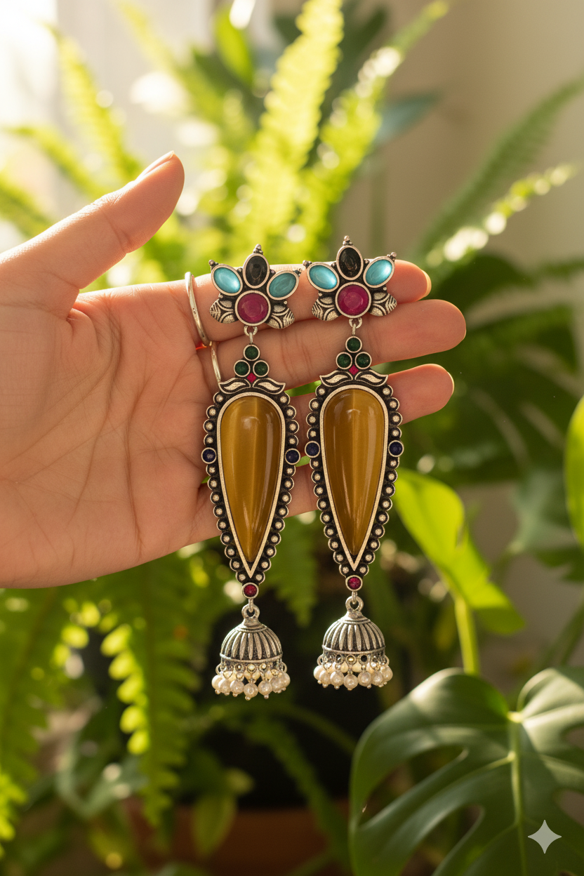 Adhira Embellished Oxidised Jhumka Statement Earrings