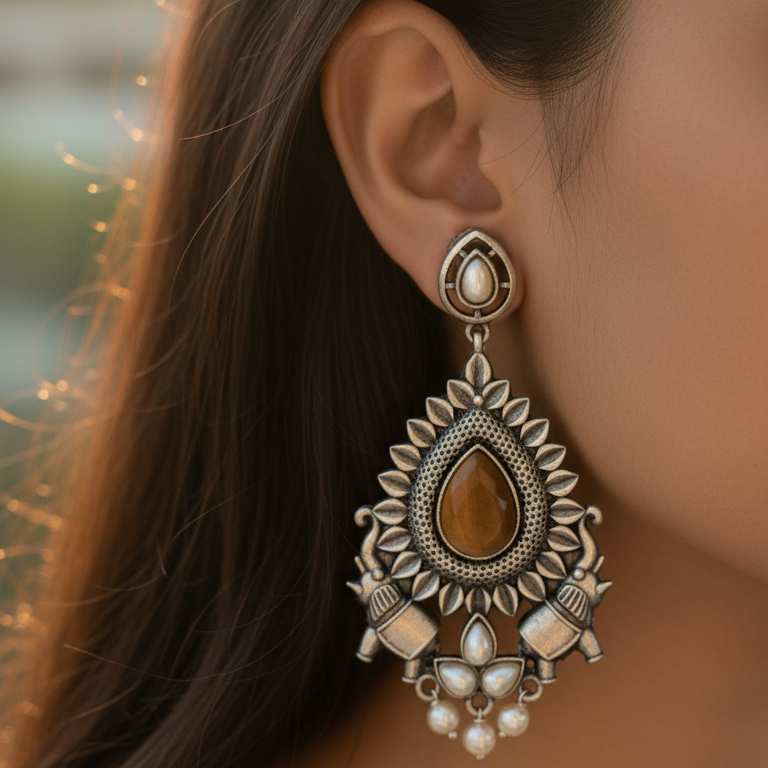Pankhi Embellished Oxidised Jhumka Statement Earrings