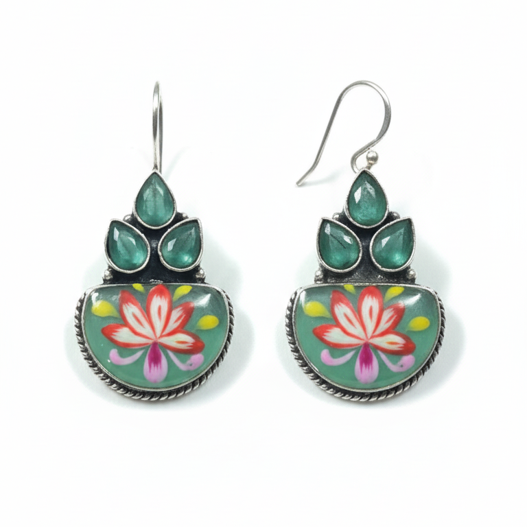 Sanjeeda Handpainted Embellished Oxidised Jhumka Statement Earrings