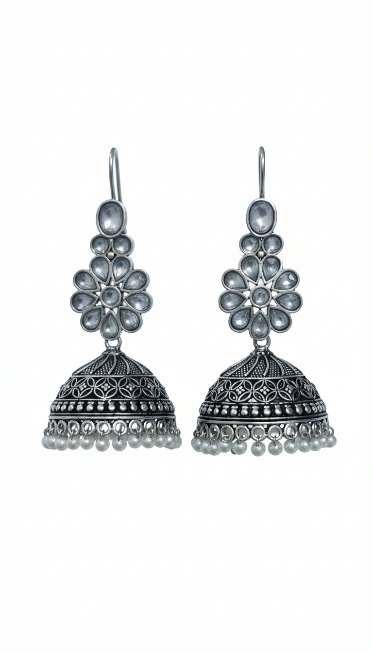 Juhi Embellished Oxidised Jhumka Statement Earrings