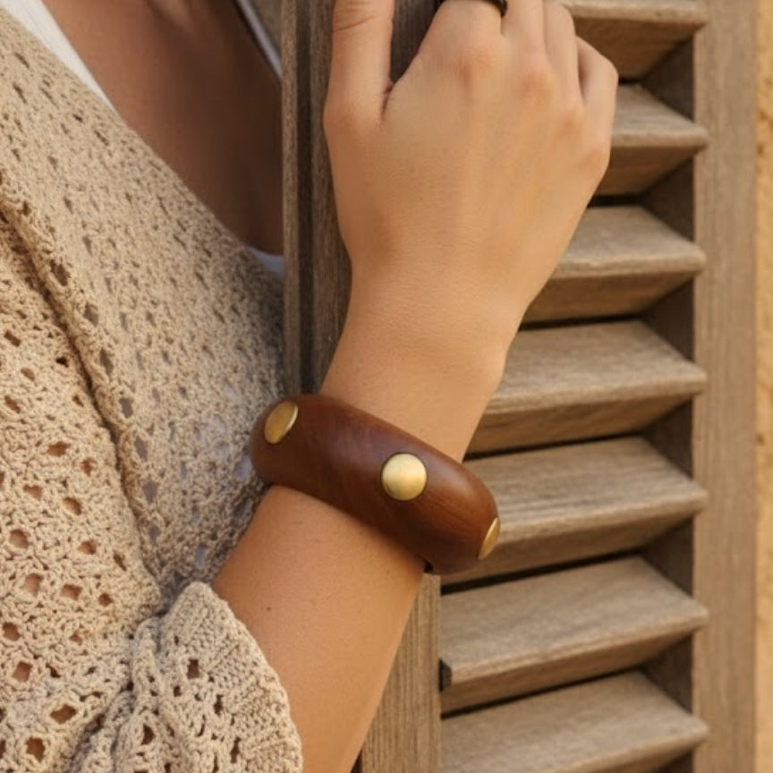 Chunky Polished Wooden Bangle with Gold Disc Inlays