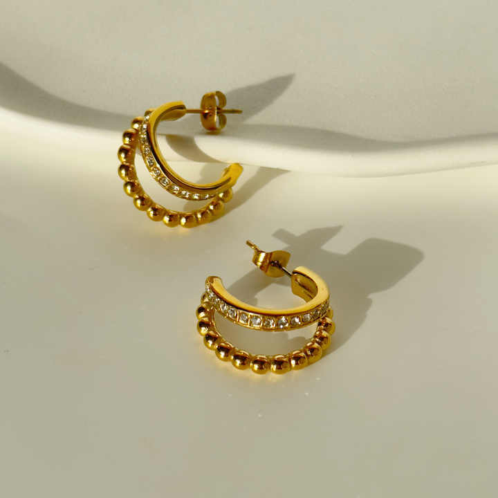 Gold hoop earrings with crystal and beaded double layer design, elegant modern jewelry for women