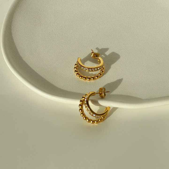 Gold beaded hoop earrings with double layer design, minimal style modern jewelry for women