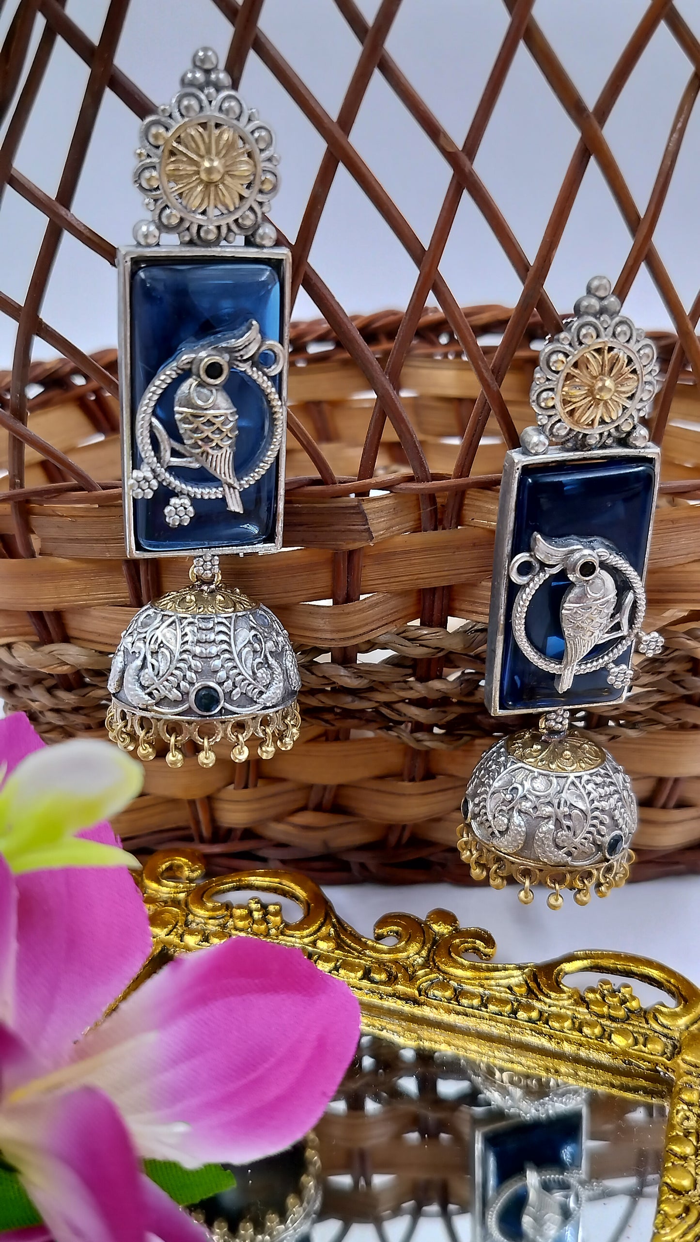 Antique Pakhi Chandrika Jhumkas - Midnight Blue Fusion Earrings