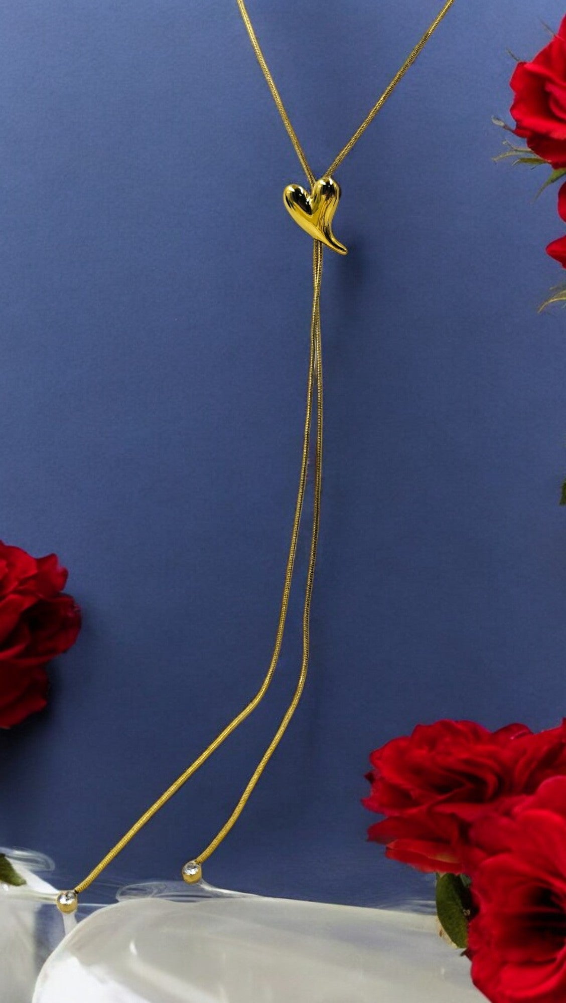 Gold heart pendant long necklace with adjustable chain, romantic minimal jewelry for women.
