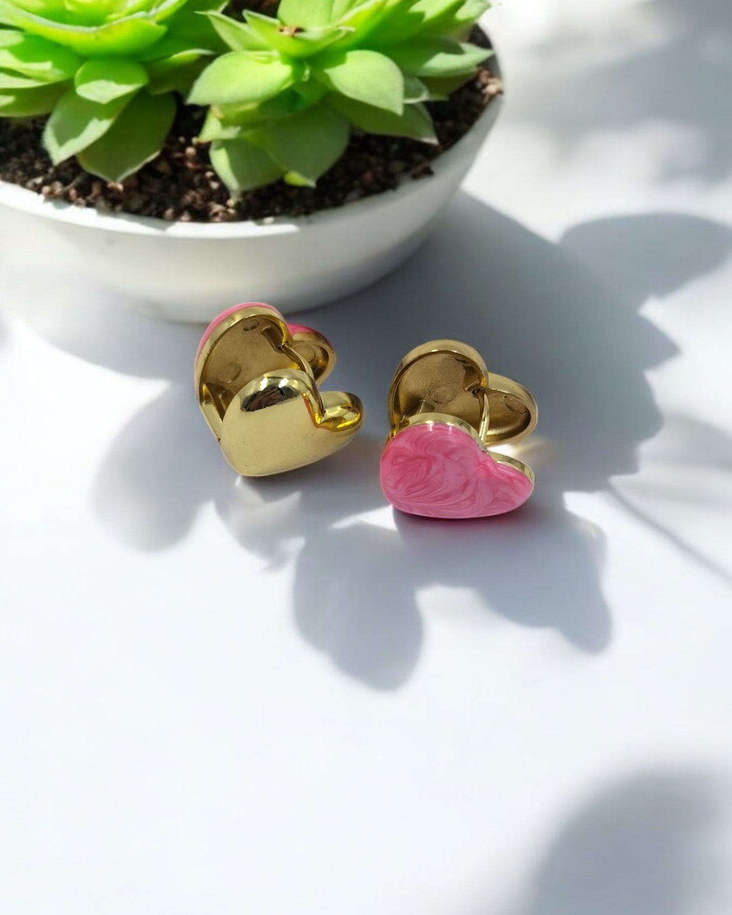 Stylish gold and pink heart stud earrings for women, lightweight anti-tarnish jewelry perfect for date nights and gifting.