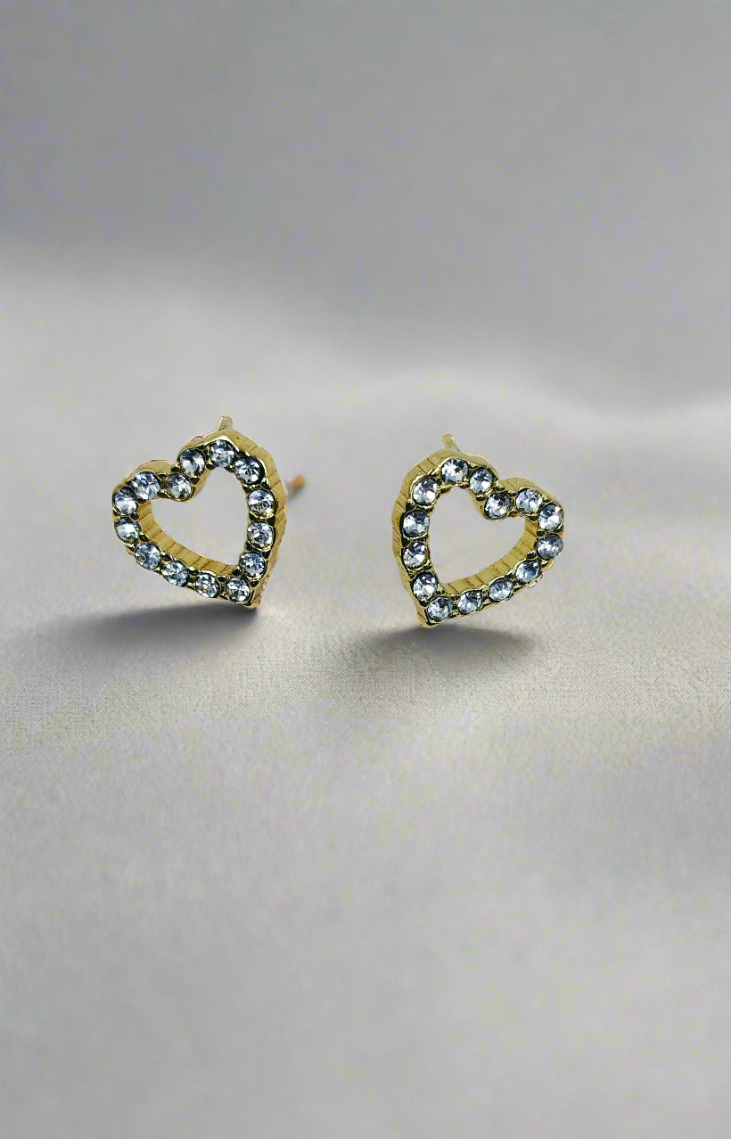 Gold open-heart stud earrings decorated with sparkling crystals, ideal for adding elegance to casual or special outfits.