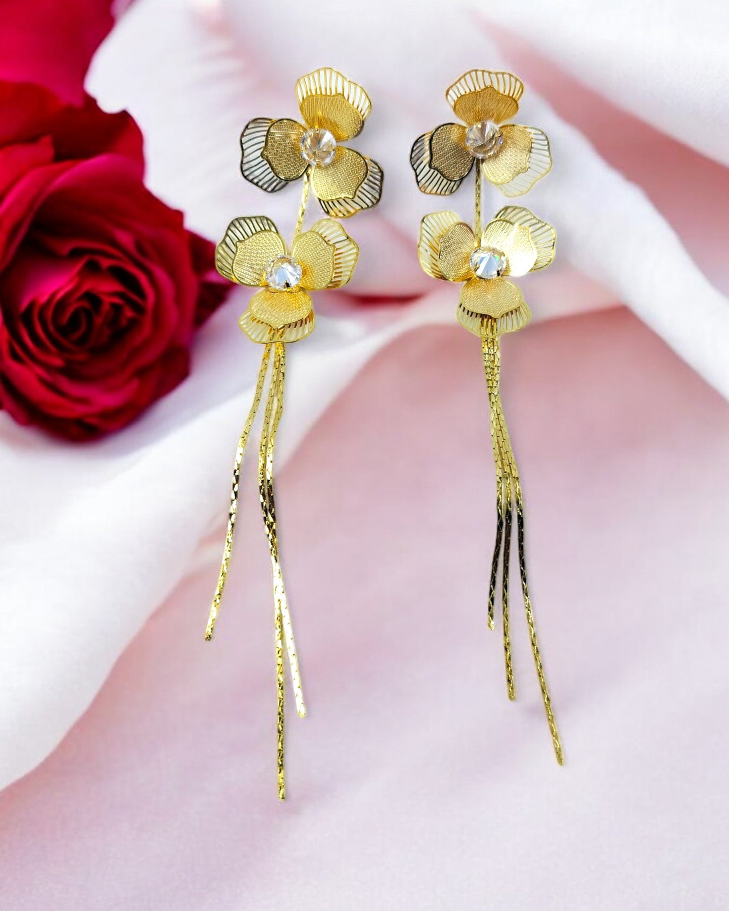 Stylish gold floral long drop earrings for women, elegant statement jewelry with crystal accents