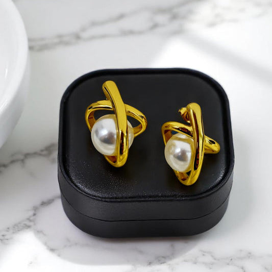 Orbit Bling Oval Pearl Statement Earrings Studded With Gold