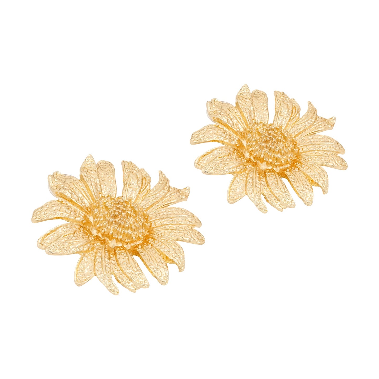 Pair of golden sunflower design earrings placed on a plain white background.