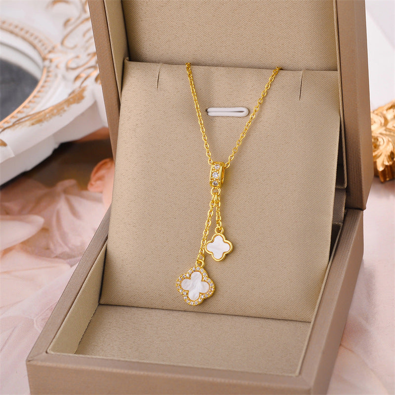 Dainty White Clover Drop Pendant in 18K Gold
