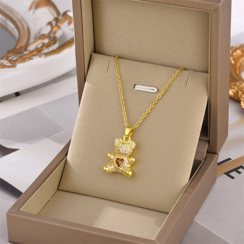 Teddy Heart Zircon Pendant Necklace
